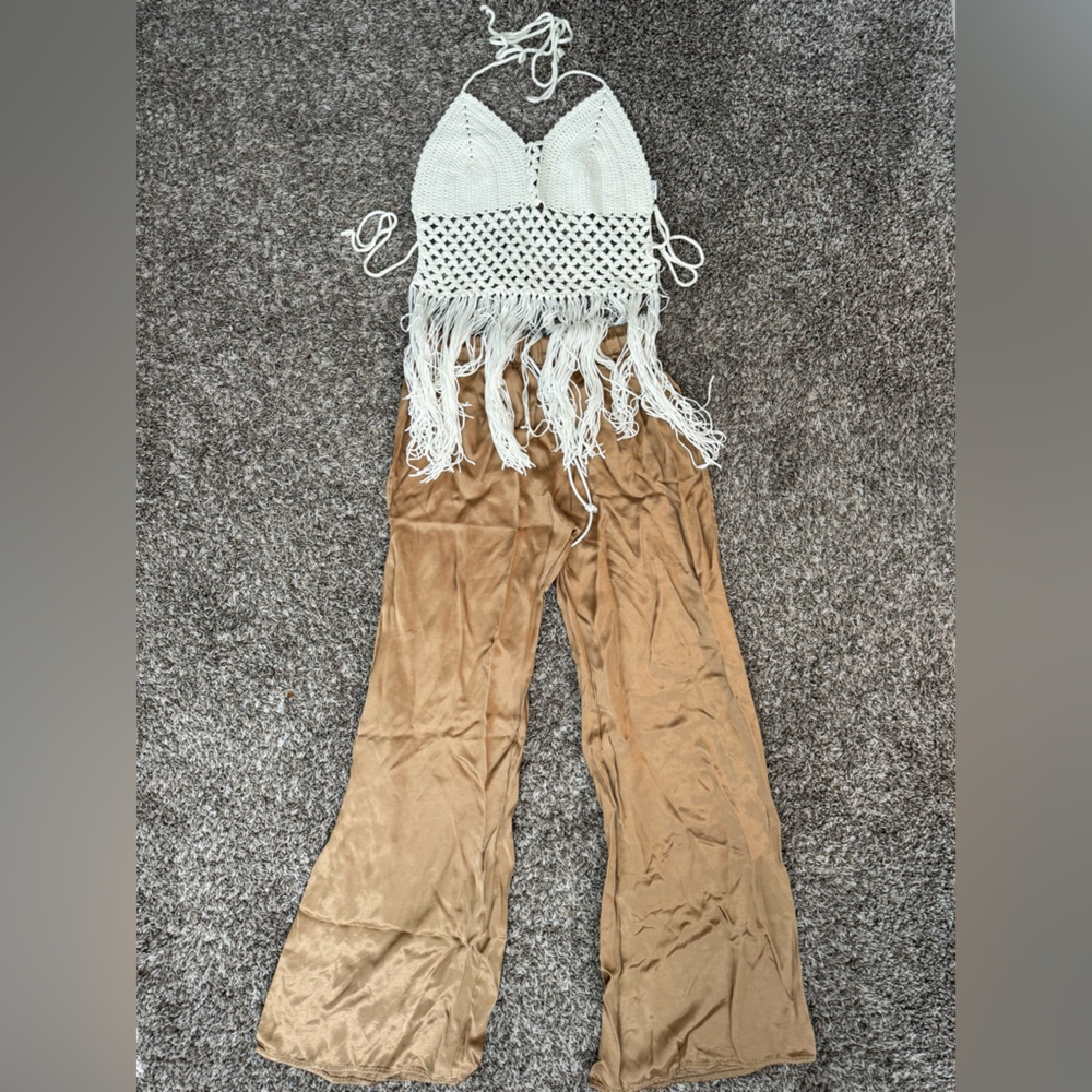 Gold satin wide leg pants and knit top
